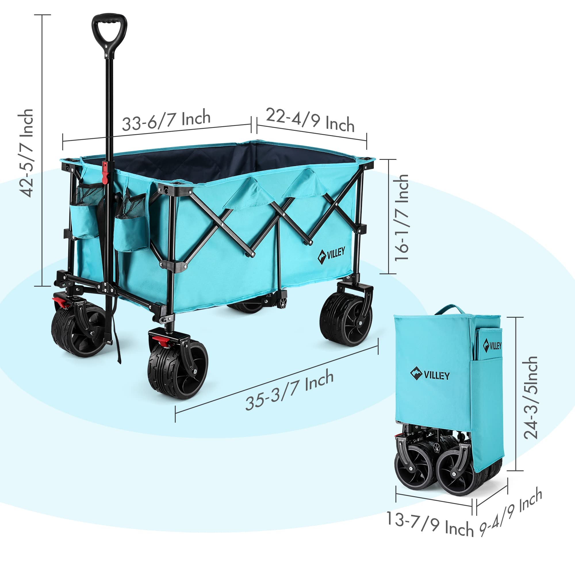 VILLEY Heavy Duty Collapsible Folding Wagon Cart with Big All-Terrain Wheels - 225lbs Capacity Utility Garden Cart with 2 Cup Holders & Brake - Perfect for Beach, Camping, Grocery Shopping & Outdoor Activities (Blue)