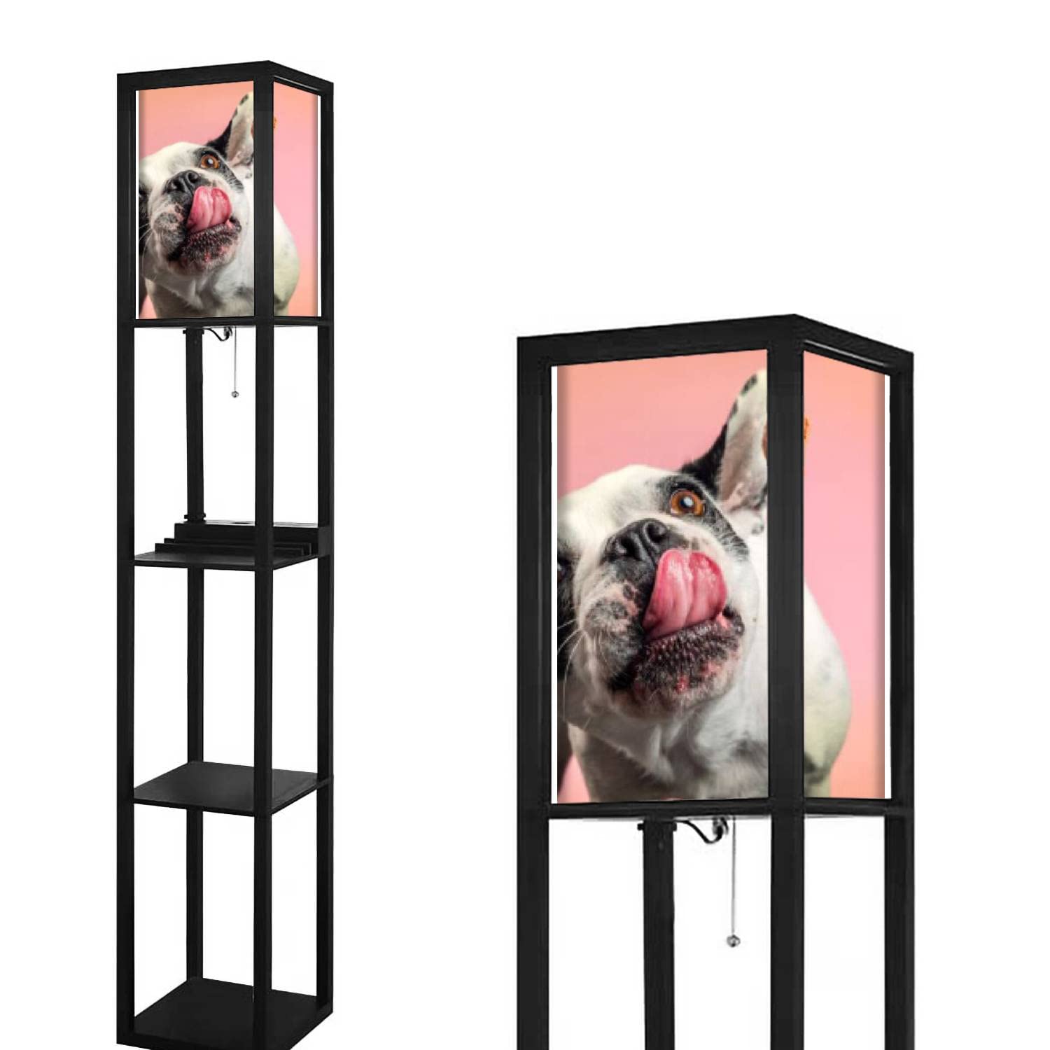 Modern Dog Catching Biscuit Floor Lamp with Shelves, USB Ports & Power Outlet - Adjustable Linen Fabric Shade Corner Standing Lamp for Living Room, Bedroom, Office - Perfect Reading Light & Home Decor Accent