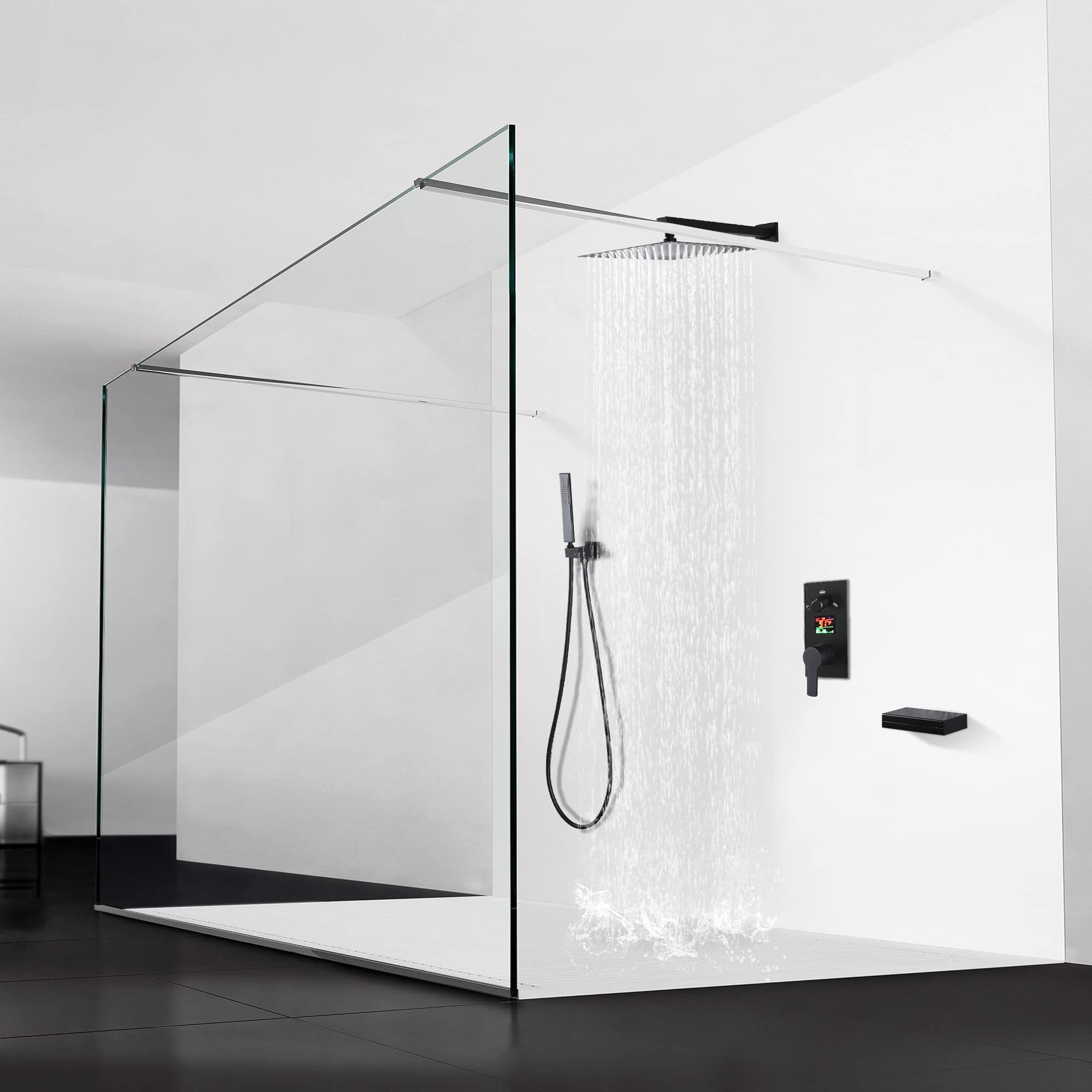 SKWOLL Matte Black Shower Faucet Set - 12 Inch Wall Mounted Rain Shower Head with Digital LCD Display & 3 Function Valve Kit | Modern Bathroom Upgrade for Spa-Like Experience