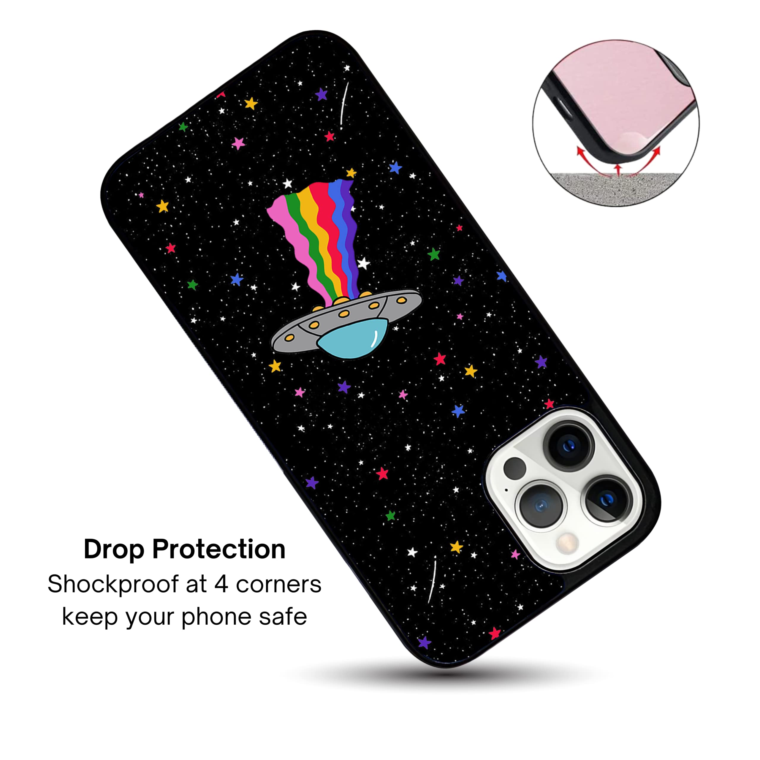Alien UFO LGBT Gay Pride iPhone 13 Case - Durable Shockproof Non-Slip TPU Rubber Slim Cover - Perfect for Rave Parties, Pride Events & Everyday Protection (Black)