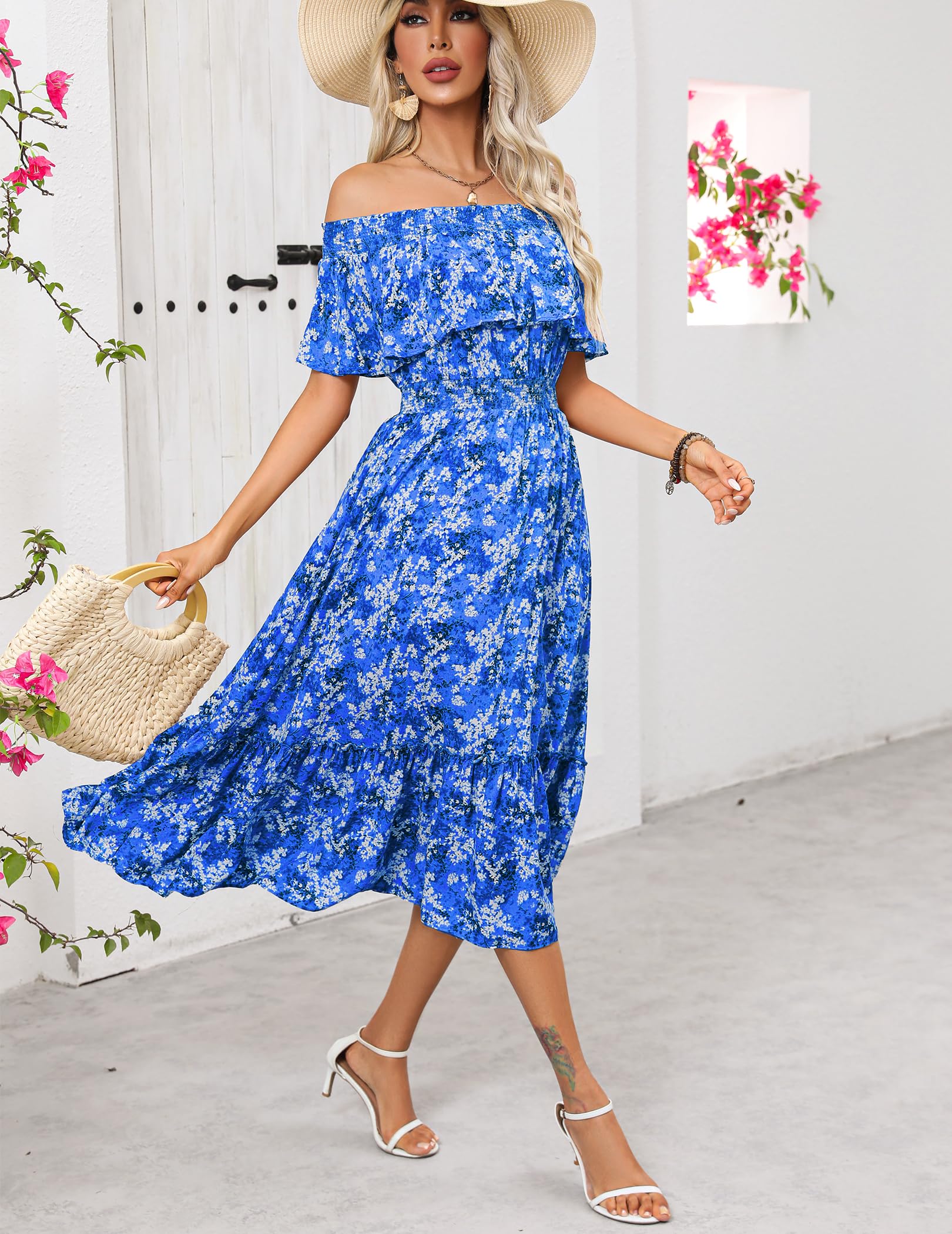 Prettywear Women's 2025 Spring Summer Boho Off Shoulder Midi Dress - Floral Print Short Sleeve A-Line Casual Beach Dress for Vacation, Party & Date Night