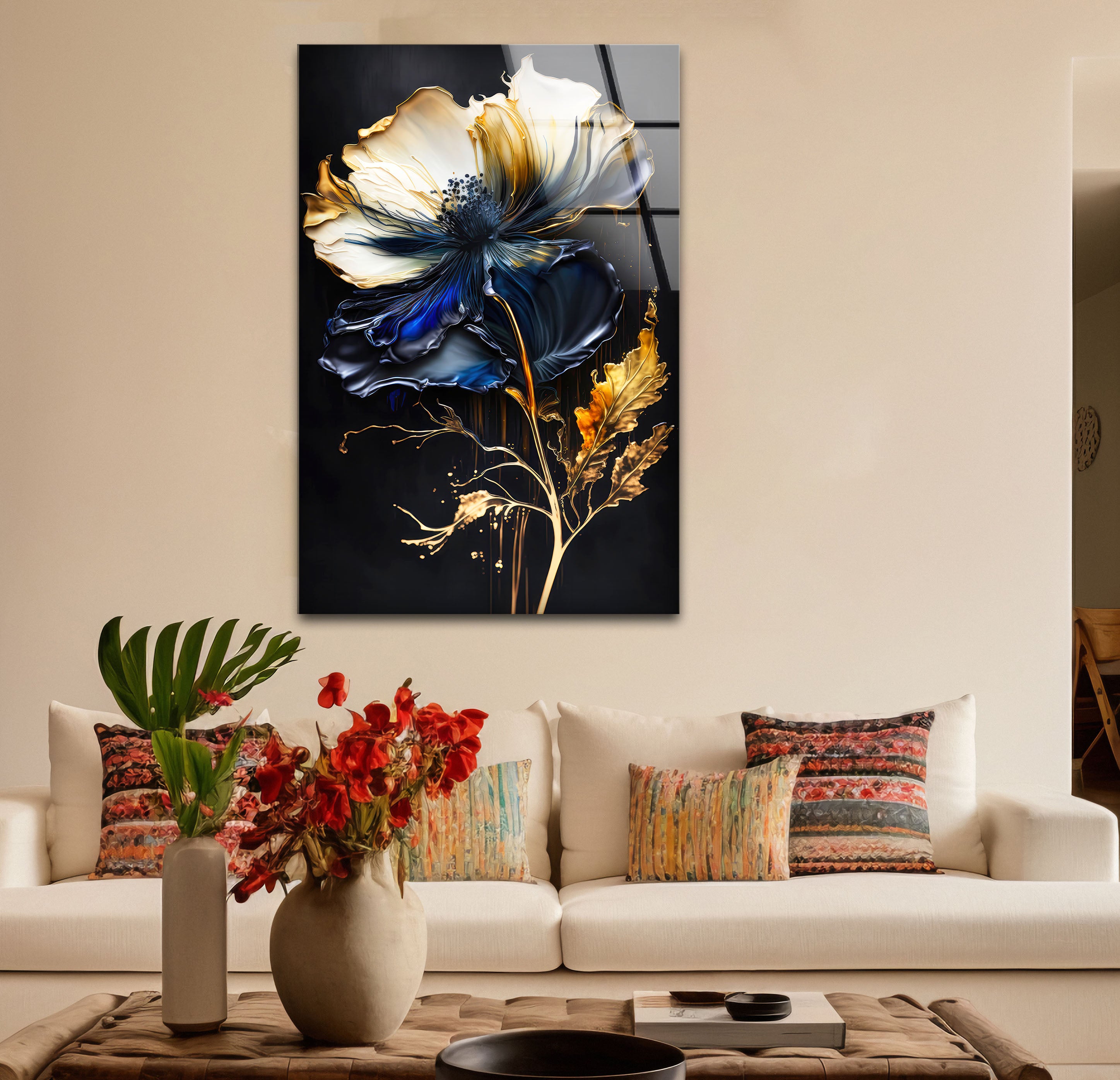 Blue and Gold Floral Wall Art - Elegant Dark Botanical Glass Print for Modern Luxury Home Decor | Perfect for Living Room, Bedroom & Office Wall Decor