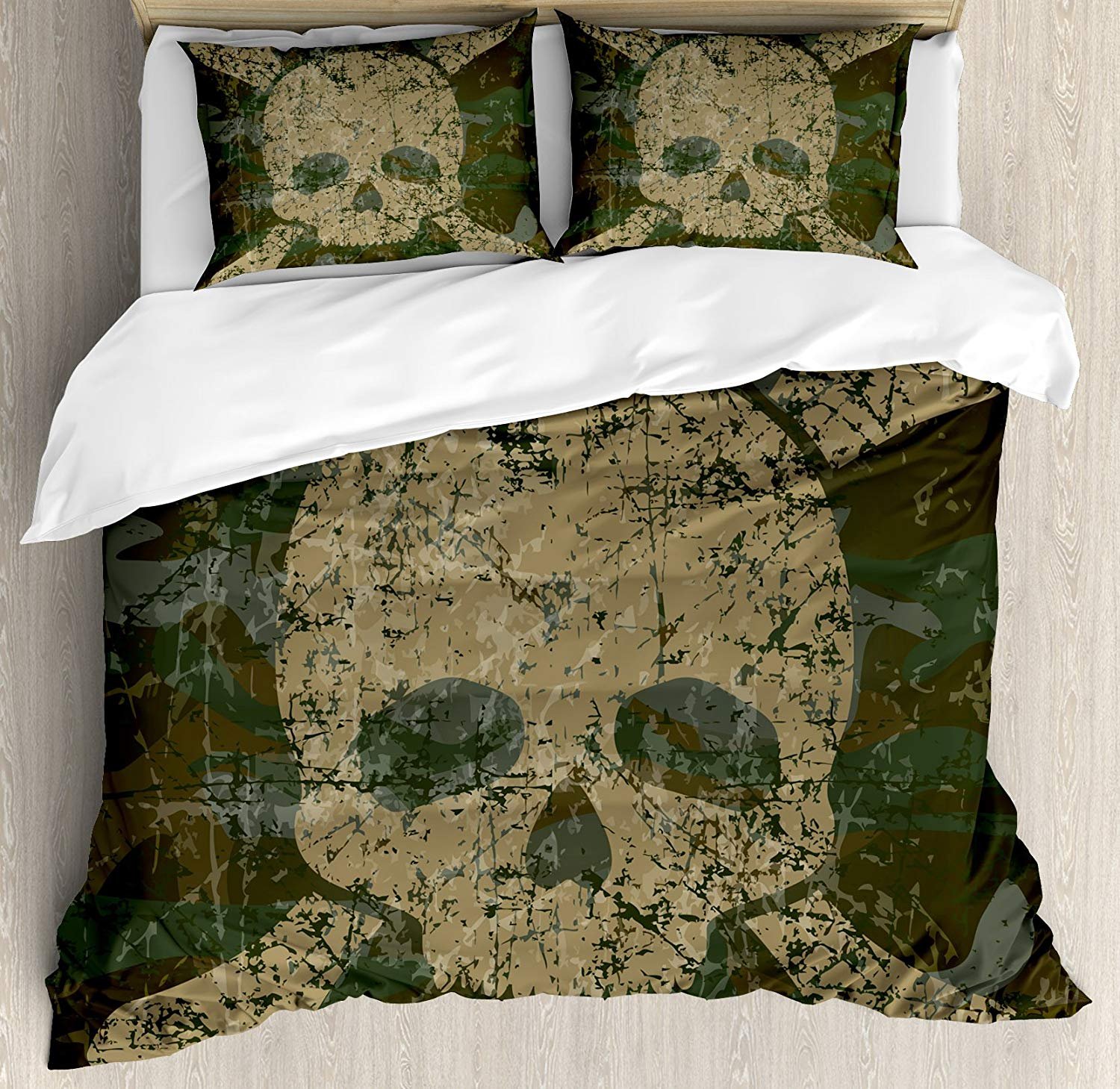 Vintage Camo Full Size Bedding Set - Skull & Crossbones Grunge Duvet Cover with 2 Pillowcases, Abstract Rustic Texture (3-Piece) for Kids, Teens & Adults - Perfect for Gothic, Punk & Rock Themed Bedrooms