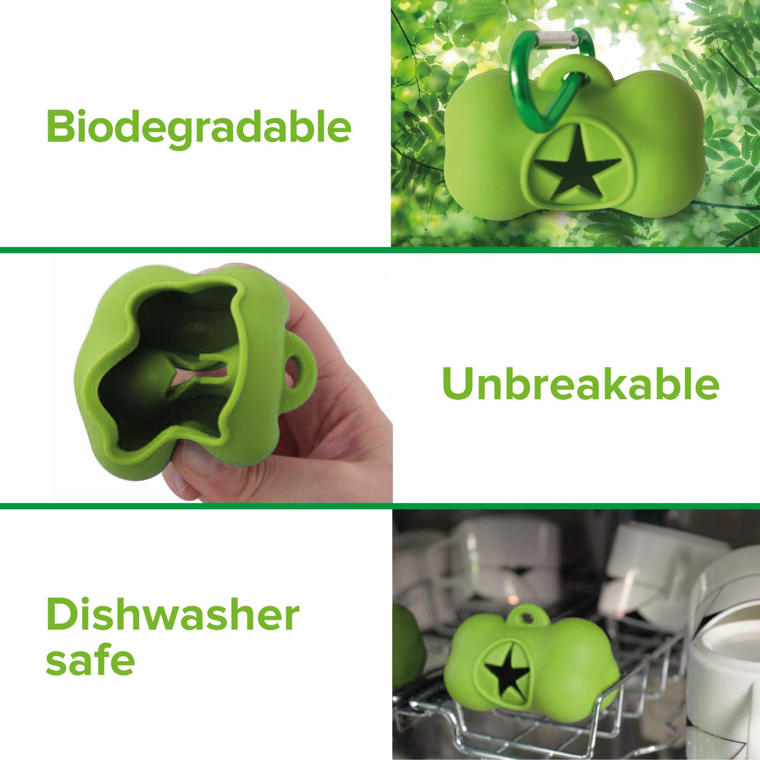 Eco-Friendly Silicone Dog Waste Bag Dispenser with Carabiner - Biodegradable Small Dog Poop Bag Holder for Leash Attachment - Green Dog Supplies for Walking, Hiking & Outdoor Adventures