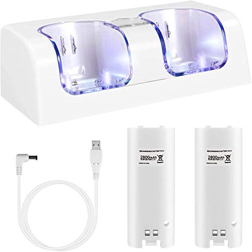 3 in 1 Wii Remote Charging Dock with 2800mAh Rechargeable Batteries & LED Indicator - White | Fast Charging Station for Nintendo Wii Controllers | Perfect for Gaming Sessions & Family Entertainment by BLUE ELF