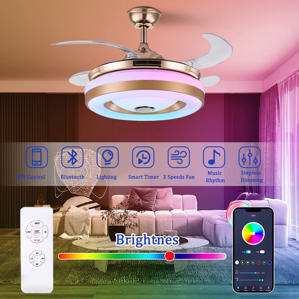 42 Inch Smart Retractable Ceiling Fan with LED Light & Remote Control - Modern Low Profile Hidden Chandelier Fan for Bedroom, Dining & Living Room - Ultra Quiet, Multi-Speed, Dimmable Lighting for Year-Round Comfort
