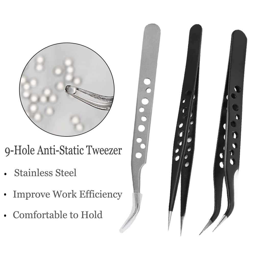 Utoolmart 9-Hole Anti-Static Tweezers - Stainless Steel Non-Magnetic No.15 Curved Pointed Tip - Precision Tools for Jewelry Making, Electronics Repair & Crafting (5-Piece Set, Black)