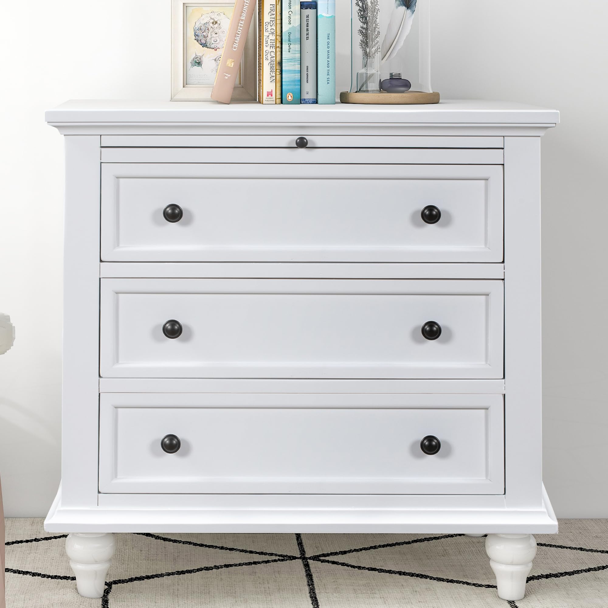 Modern White End Table with 3 Drawers & Pull-Out Tray - Nightstand Storage Organizer for Bedroom, Living Room & Office - Perfect for Small Spaces, Guest Rooms & Apartment Decor