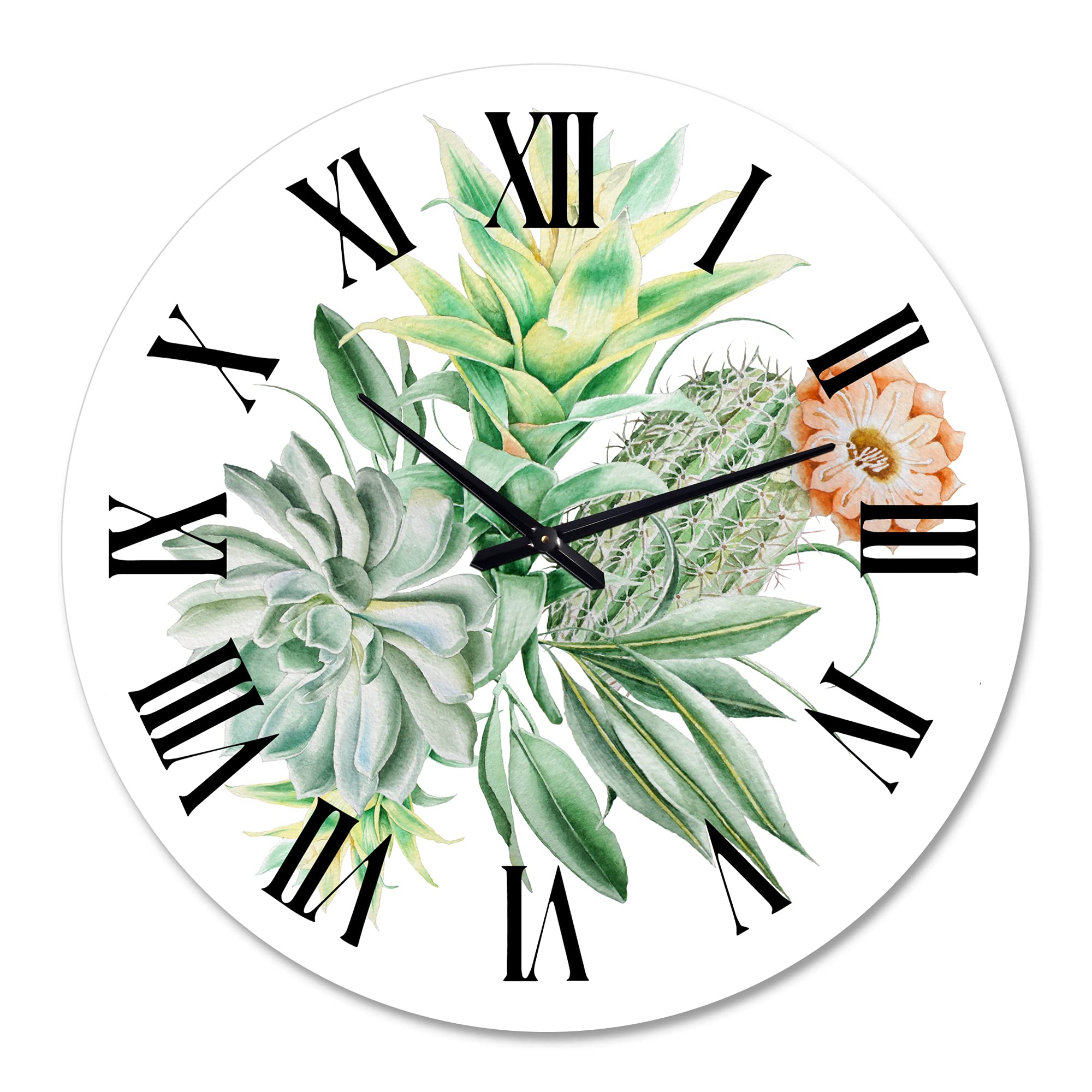 Bouquet with Cactus and Succulents Wall Clock - Large Floral Botanical Wall Decor for Home, Office & Living Room | Silent Non-Ticking Modern Clock