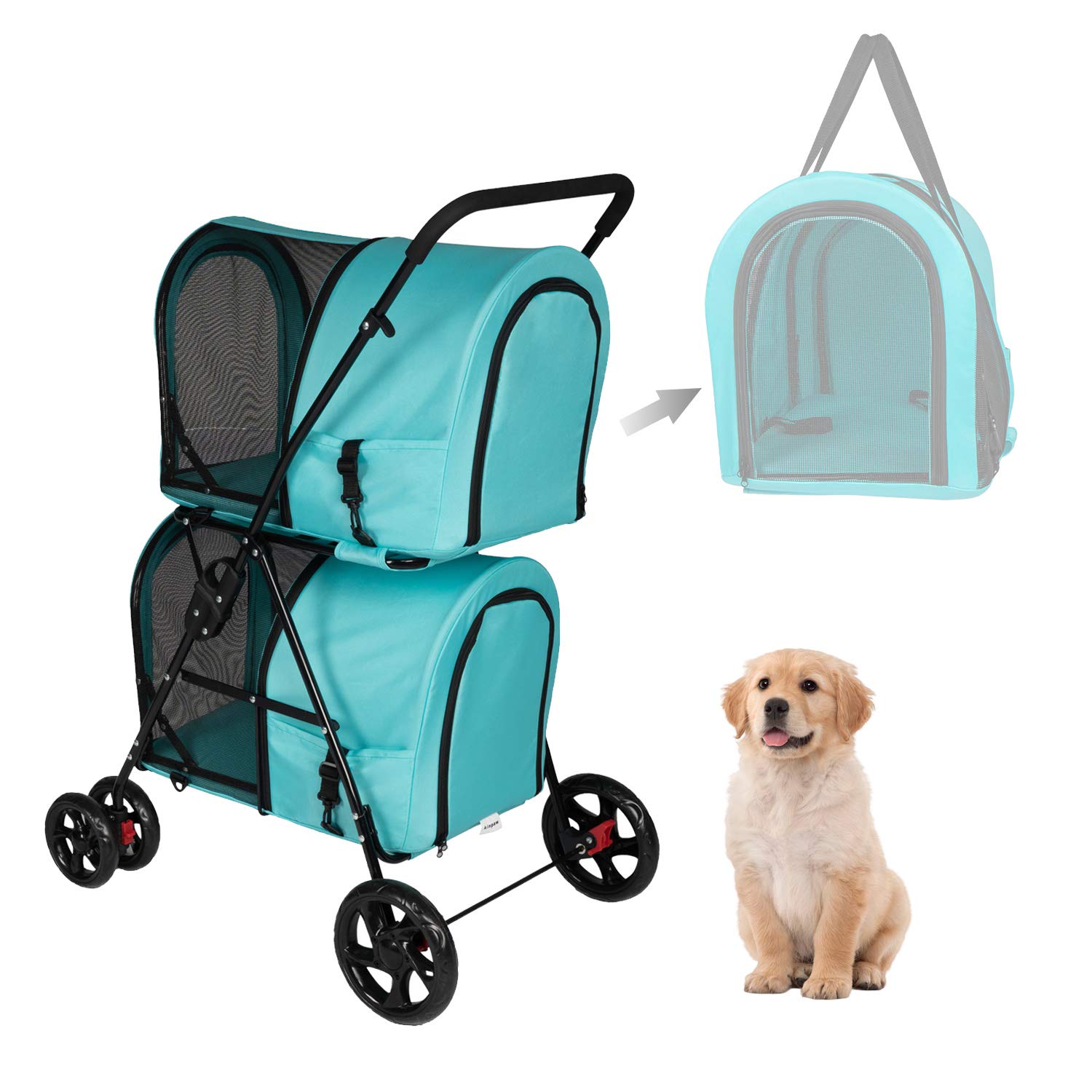 Kinsuite Pet Stroller with Detachable Carrier - Foldable Travel Stroller for Dogs & Cats - Lightweight & Easy to Maneuver - Blue - Perfect for Outdoor Walks, Vet Visits, and Travel Adventures