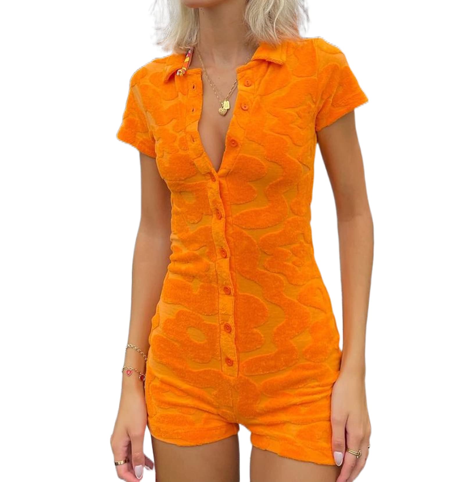 NUFIWI Y2K Sexy Button-Down Bodycon Romper - Printed V-Neck Jumpsuit with Short Sleeves | Ribbed Knit One-Piece Outfit & Bodysuit Overall | Perfect for Clubbing, Date Nights, and Summer Fashion