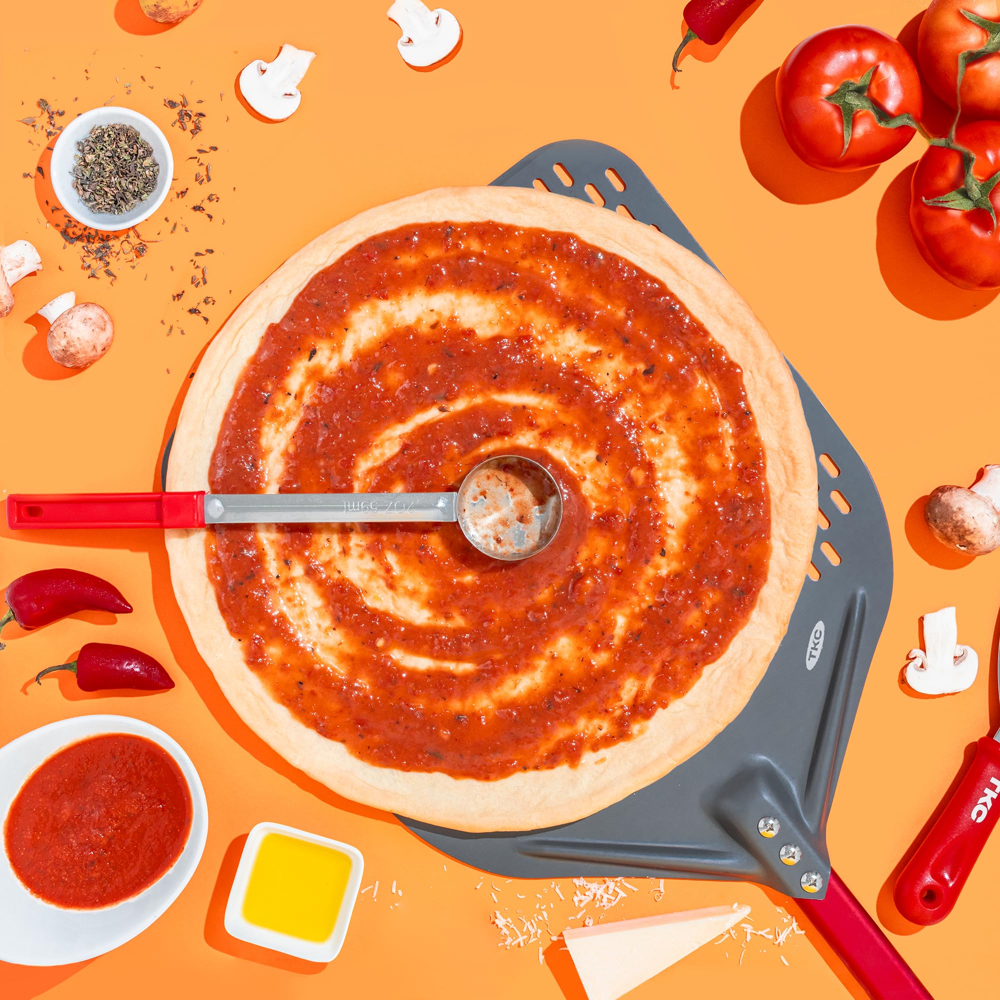 TKC 14 Inch XL Perforated Pizza Peel & 9 Inch Turning Peel Set with Dough Cutter, Pizza Wheel & Sauce Ladle - Commercial Grade Pizza Spatula for Home Kitchen & Professional Pizzeria Use