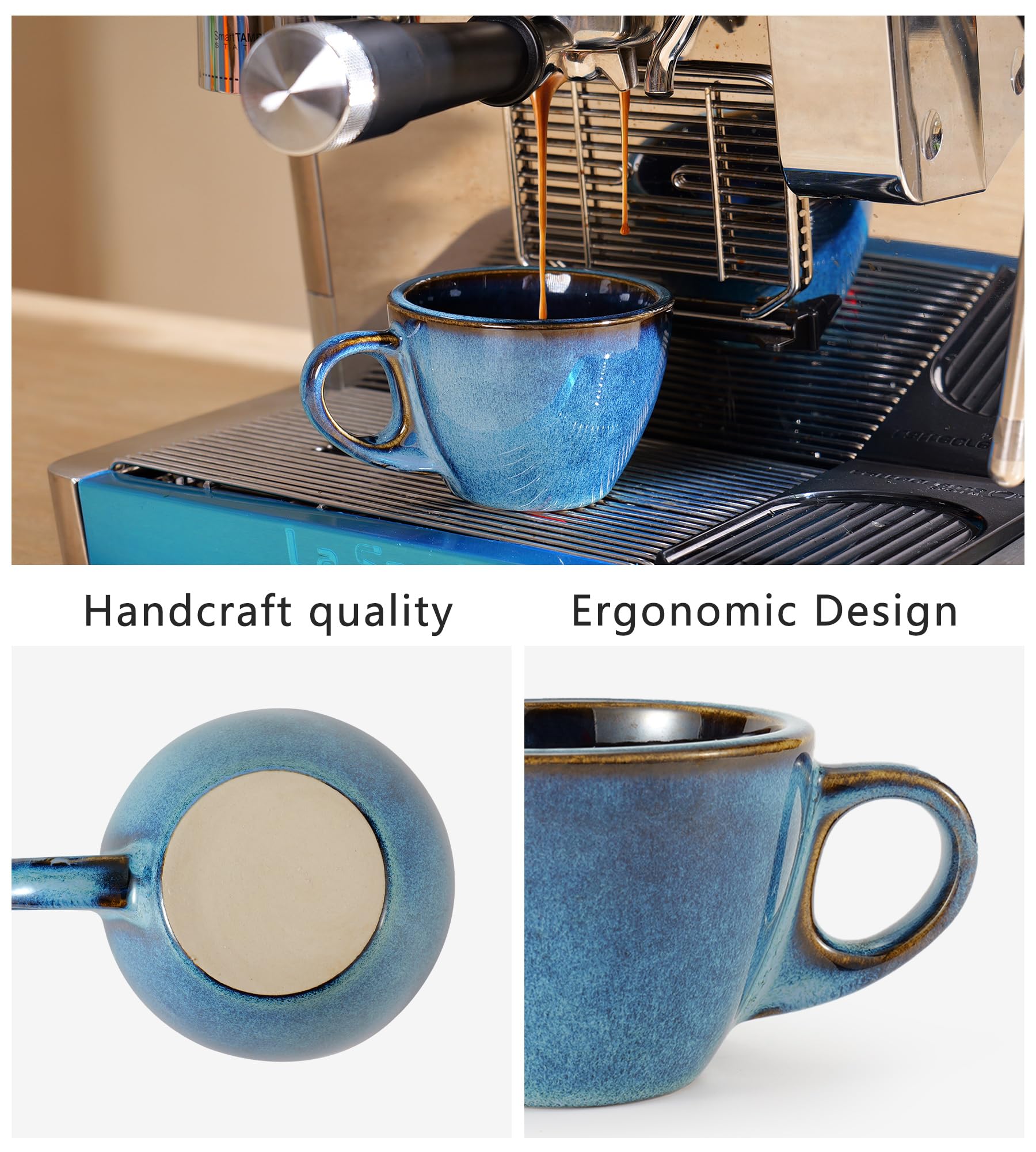 8 Oz Cappuccino Cups Set of 4 - Thick-Walled Insulated Ceramic Coffee Mugs with Saucers & Stand - Porcelain Tea, Latte & Espresso Cups - Perfect for Home Kitchen, Cafe or Office Use - Elegant Blue Design