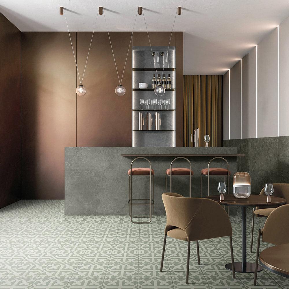 Heritage Lotus Green Encaustic Look 200x200 Matte Tile - Perfect for Bathroom, Kitchen & Living Room Flooring