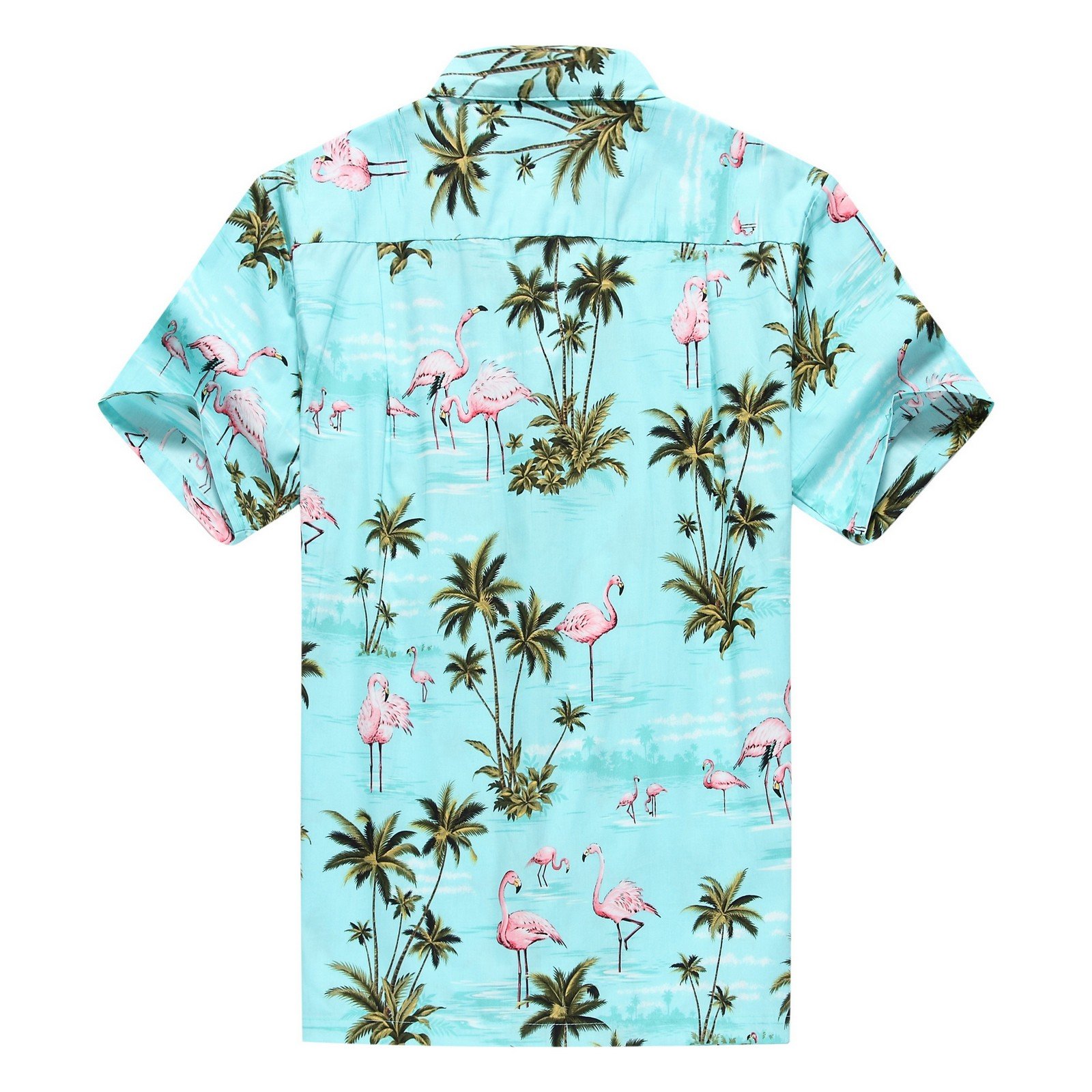 Hawaiian Couple Matching Aloha Shirts - Pink Flamingo Print Turquoise Luau Shirts for Men & Women | Beach Vacation, Summer Party, Hawaiian Theme Wedding Attire