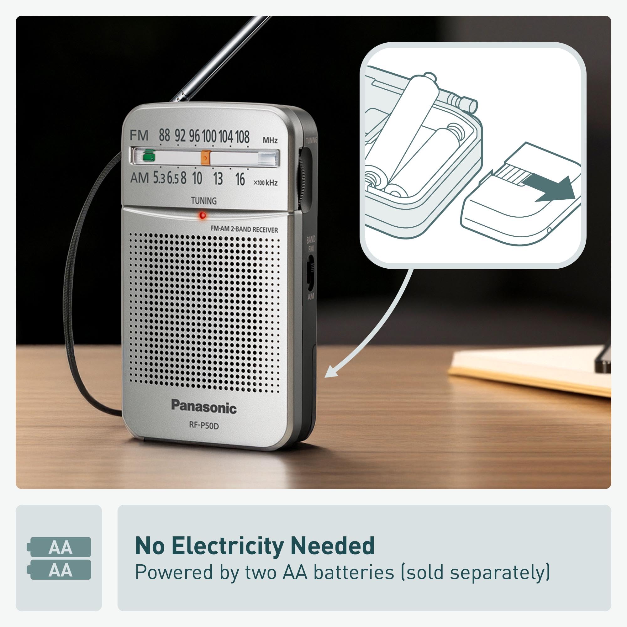 Panasonic RF-P50 Portable AM/FM Pocket Radio - Compact Silver Design for Outdoor, Emergency, Travel & Home Use