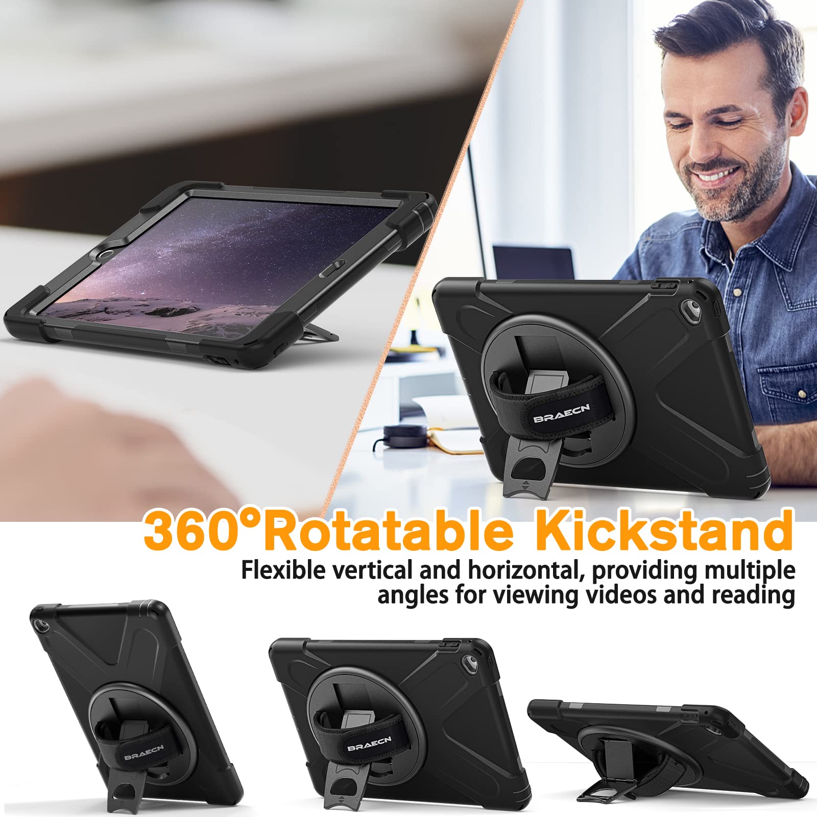 BRAECN Shockproof Rugged Case for iPad Air 2 (9.7 Inch, 2nd Generation 2014 Model A1566/A1567) - Hybrid Protective Cover with Kickstand & 360° Rotatable Hand Strap - Perfect for Kids, Travel, and Outdoor Use - Black