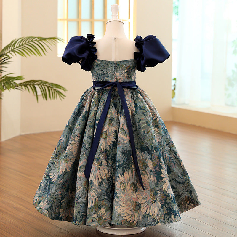 Royal Blue Satin Flower Girl Dress with Puff Sleeves & Floral Details - Perfect for Weddings, Birthday Parties & Special Occasions