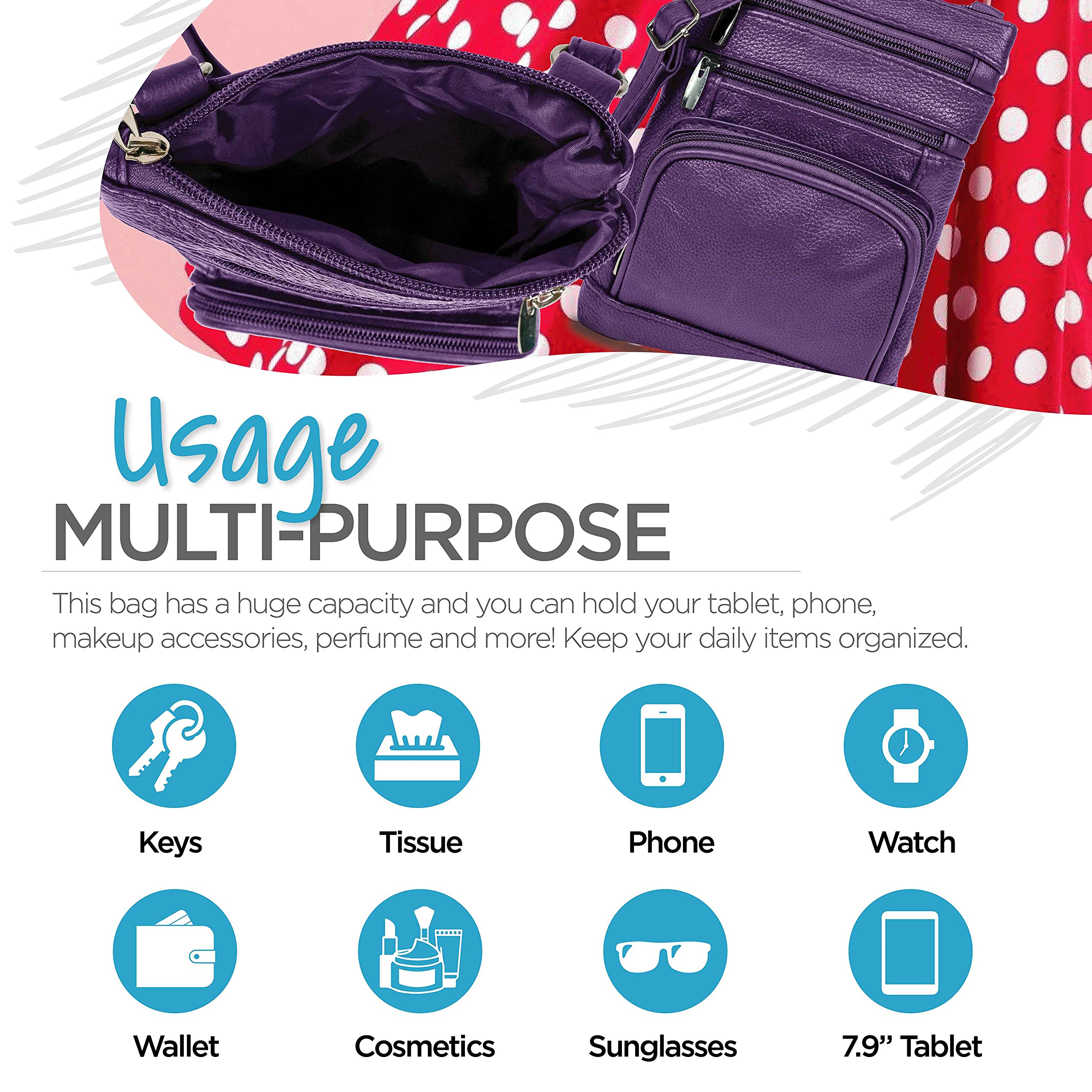 Stylish Women's Leather Crossbody Purse with Multiple Pockets & Adjustable Strap - Soft Durable Handbag for Everyday Use, Travel & Shopping