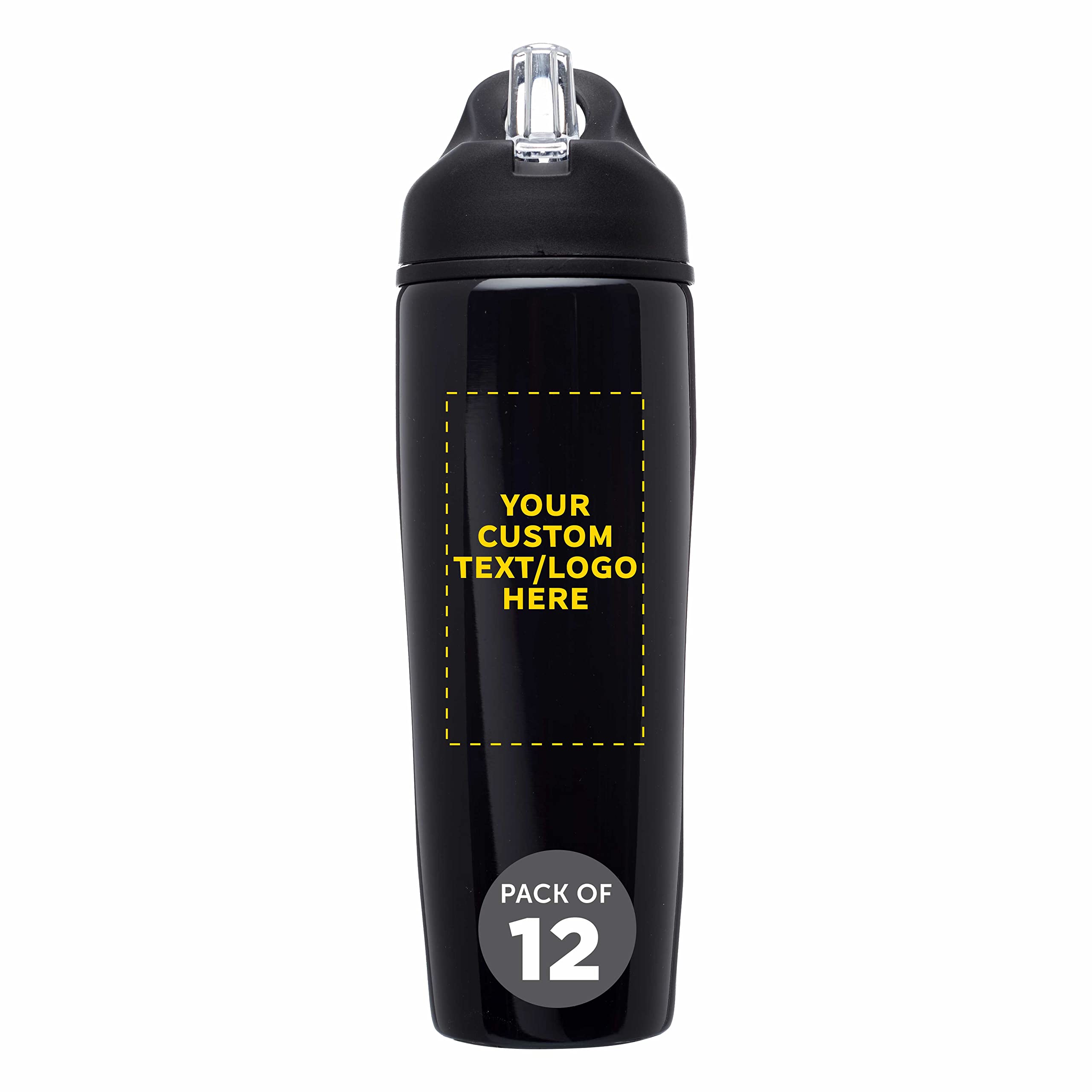 Custom Stainless Steel Water Bottle 12 Pack - Personalized Text & Logo - 28.5oz Metal Sports Bottles with Flip Top Lid - Easy Carry Handle - Black - Perfect for Gym, Hiking & Office Hydration
