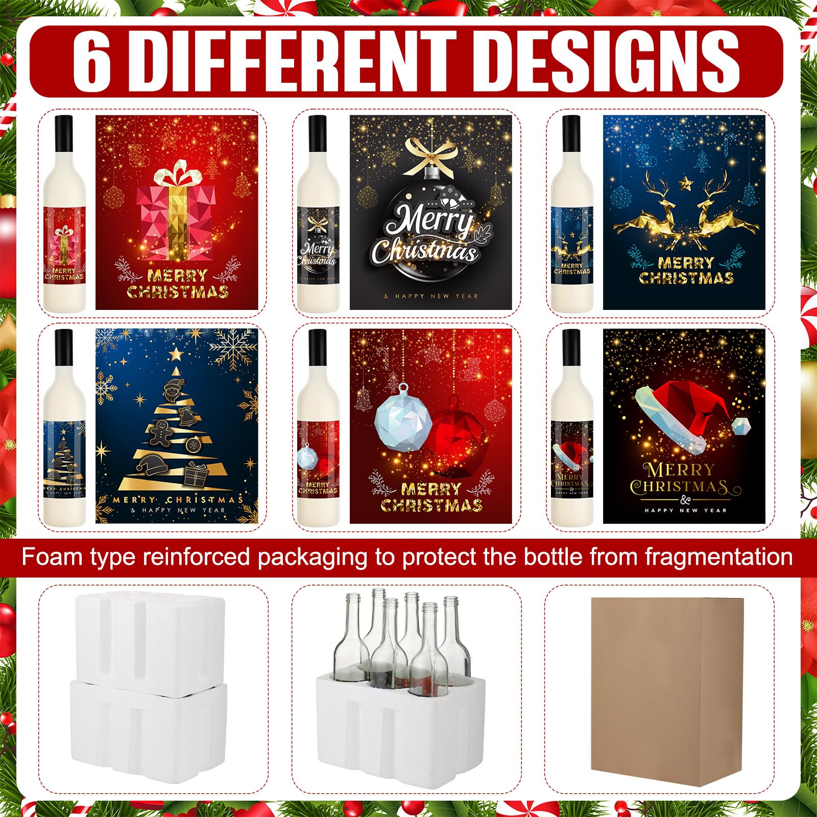 6-Pack 25oz Christmas Glass Bottles for Coquito, Wine, Milk, Eggnog & Kefir - Airtight Brewing Bottles with Festive Stickers - Perfect for Holiday Parties, Homemade Drinks & Gift Giving