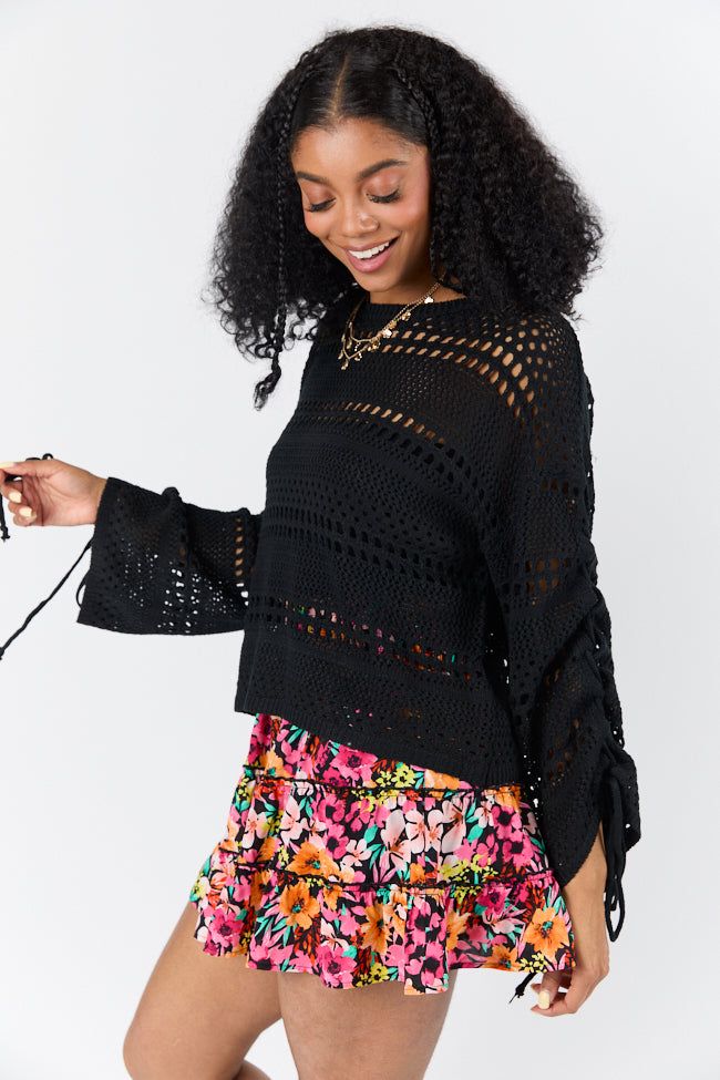 Easy Going Black Open Knit Boat Neck Sweater for Women - Lightweight Loose Fit Pullover Top for Casual Wear & Layering