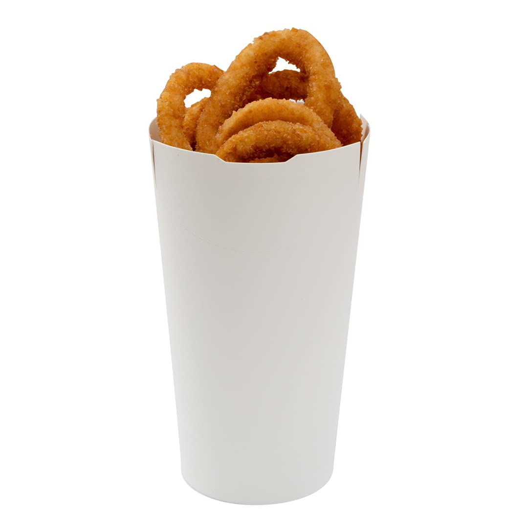 Restaurantware Bio Tek 20oz Disposable French Fry Cups - 100 Pack White Paper Containers with Fold-Down Cover & Lock Tab | Eco-Friendly Fast Food Holders for Fries, Onion Rings, Chips & Popcorn | Perfect for Movie Nights, Parties & Food Truck Service