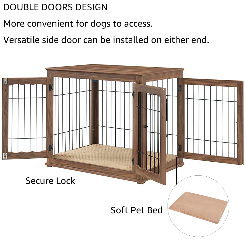BeeNbkks Wooden Dog Crate End Table - Double Door Wire Kennel with Removable Pet Bed | Indoor Decorative Dog House for Medium & Large Dogs | Perfect for Living Room, Bedroom & Home Decor