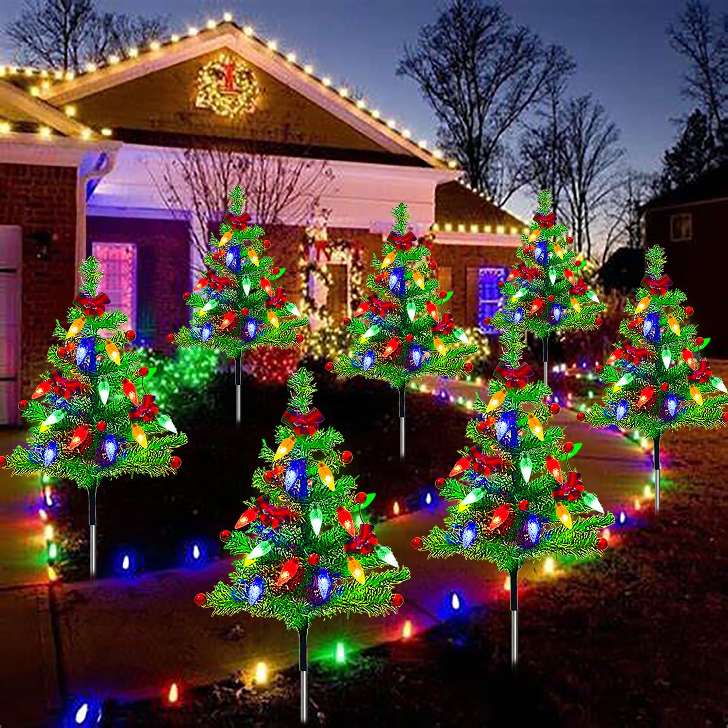 4-Pack Solar Powered Christmas Tree Lights with 8 Lighting Modes - Waterproof Outdoor Holiday Decor for Yard, Garden, Pathway, Porch - Perfect for Christmas, Patio, Deck & Landscape Lighting