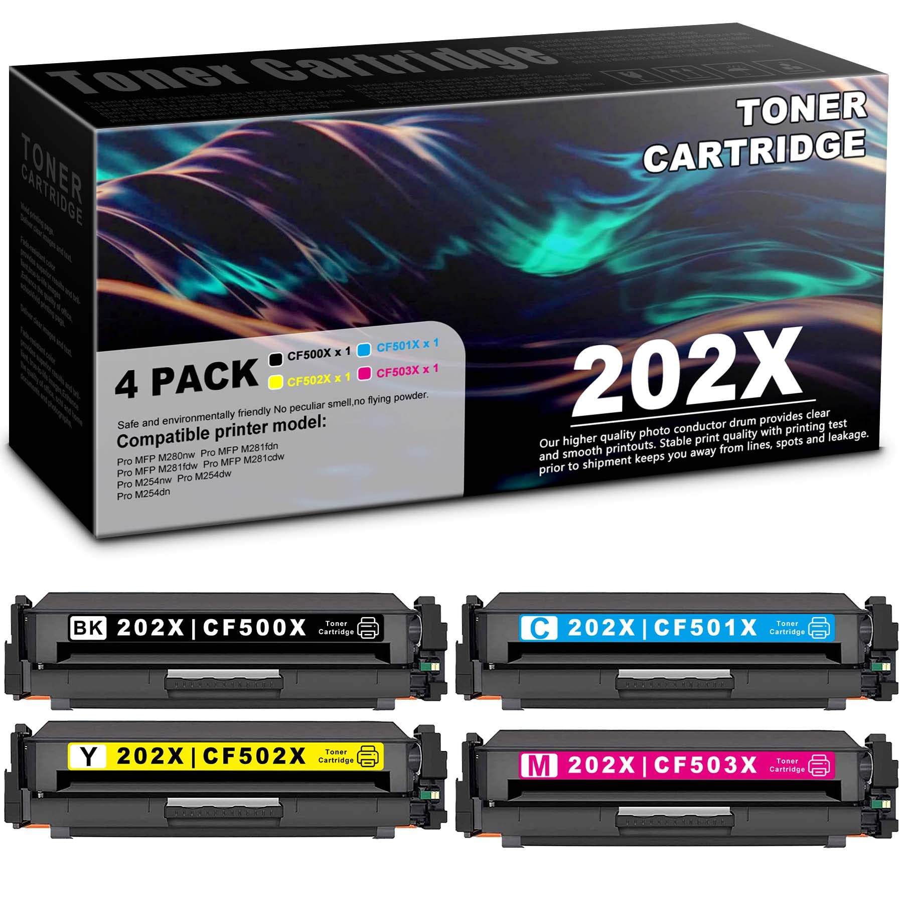 4-Pack (1BK+1C+1Y+1M) 202X Compatible Toner Cartridge Replacement for HP Color Pro M254dw M254dn M254nw M281cdw M281fdw M280nw M281fdn Printers | High-Yield CF500X CF501X CF502X CF503X Series | Perfect for Home & Office Printing, Documents & Photos