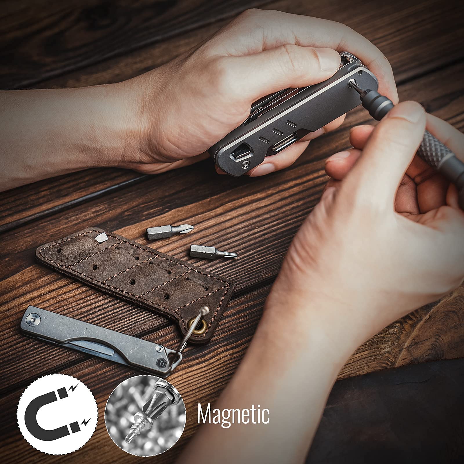 KeyUnity KU01 4-in-1 Titanium Multitool Carabiner Clip with KA06 Leather Sheath & Screw Bit Organizer - Compact Outdoor Gear for Camping, Hiking, Survival & Everyday Carry (EDC)