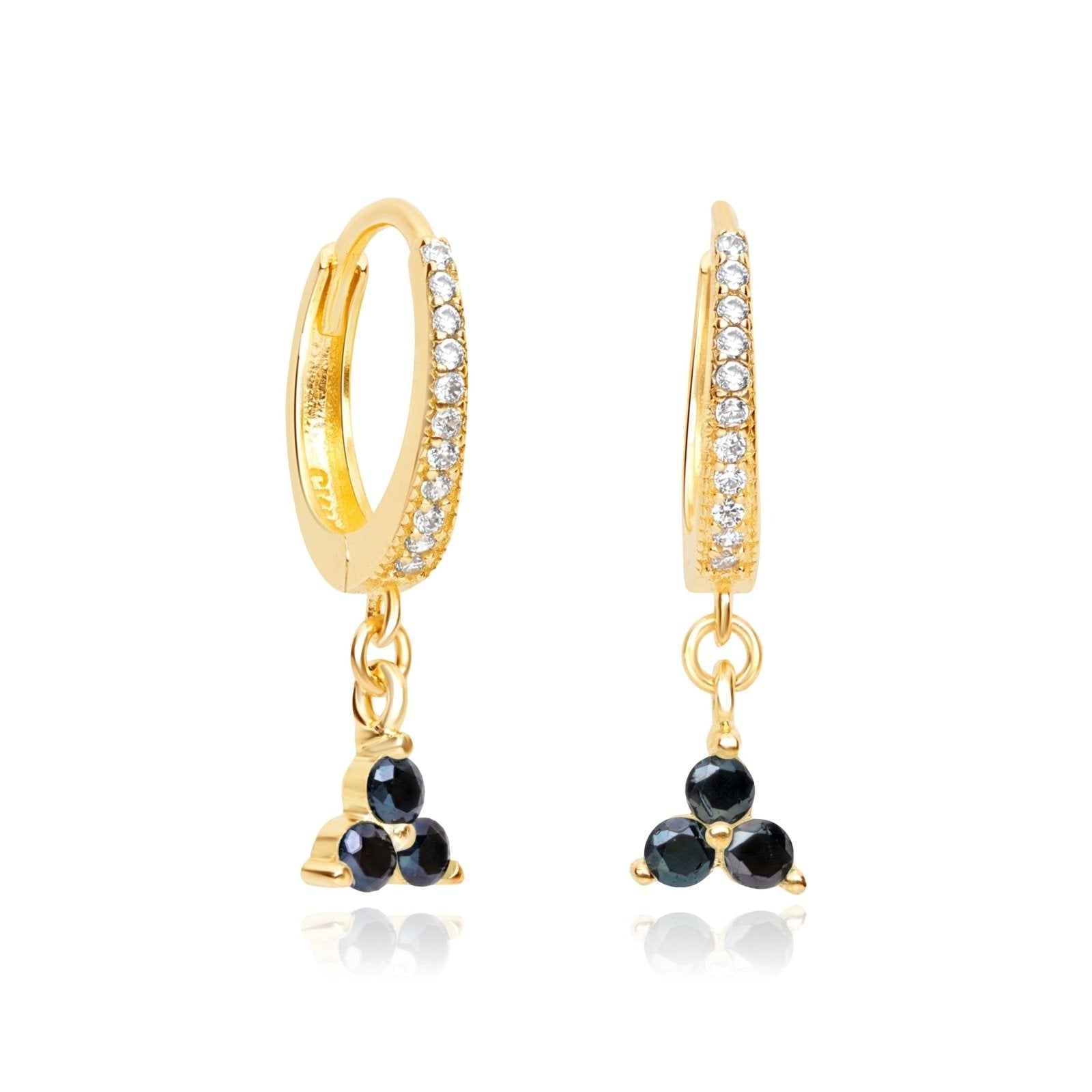 14K Yellow Gold Black Onyx Trinity Cluster Drop Earrings for Women - Elegant Dangle Jewelry for Parties, Weddings & Special Occasions