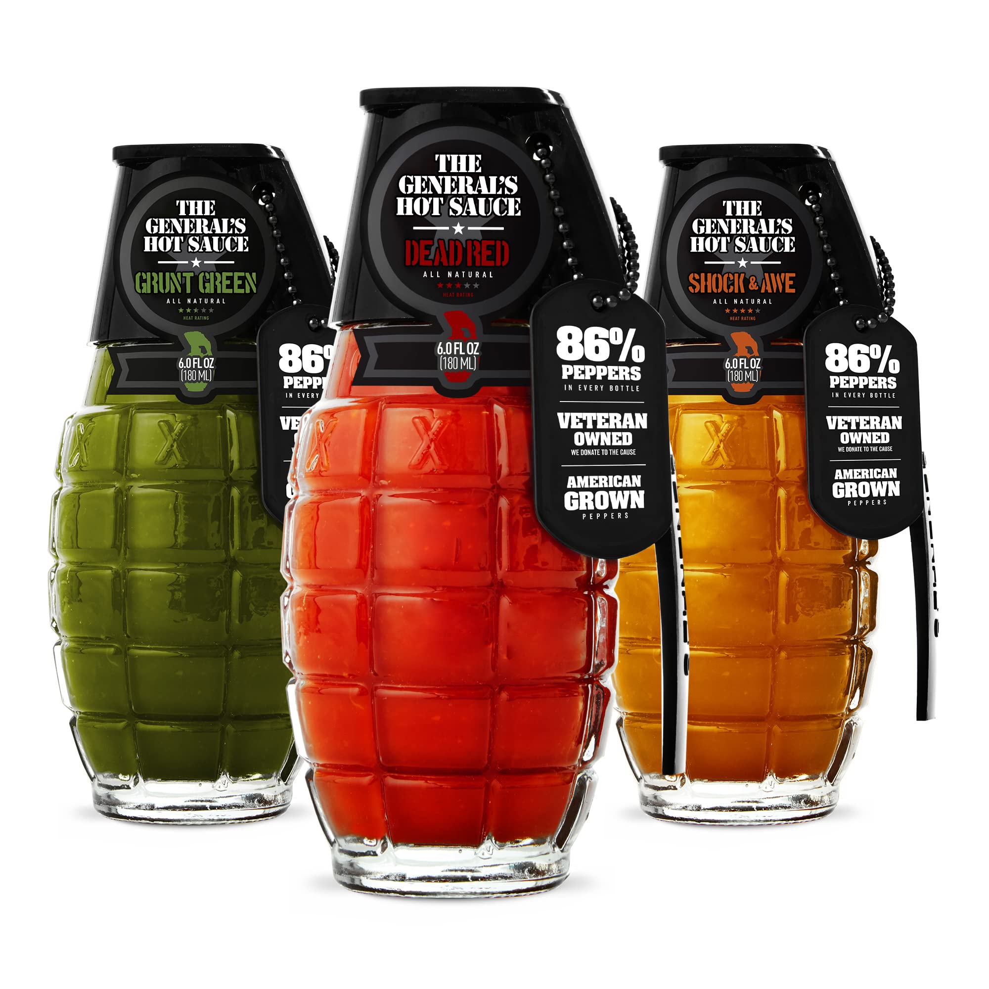 The General's Hot Sauce Triple Threat Pack - 3 Gourmet Hot Sauces (6 oz Each) with Louisiana-Grown Cayenne & Habanero Peppers - Green, Dead Red, Shock & Awe - Perfect for Wings, Tacos, Burgers & Spicy Food Lovers