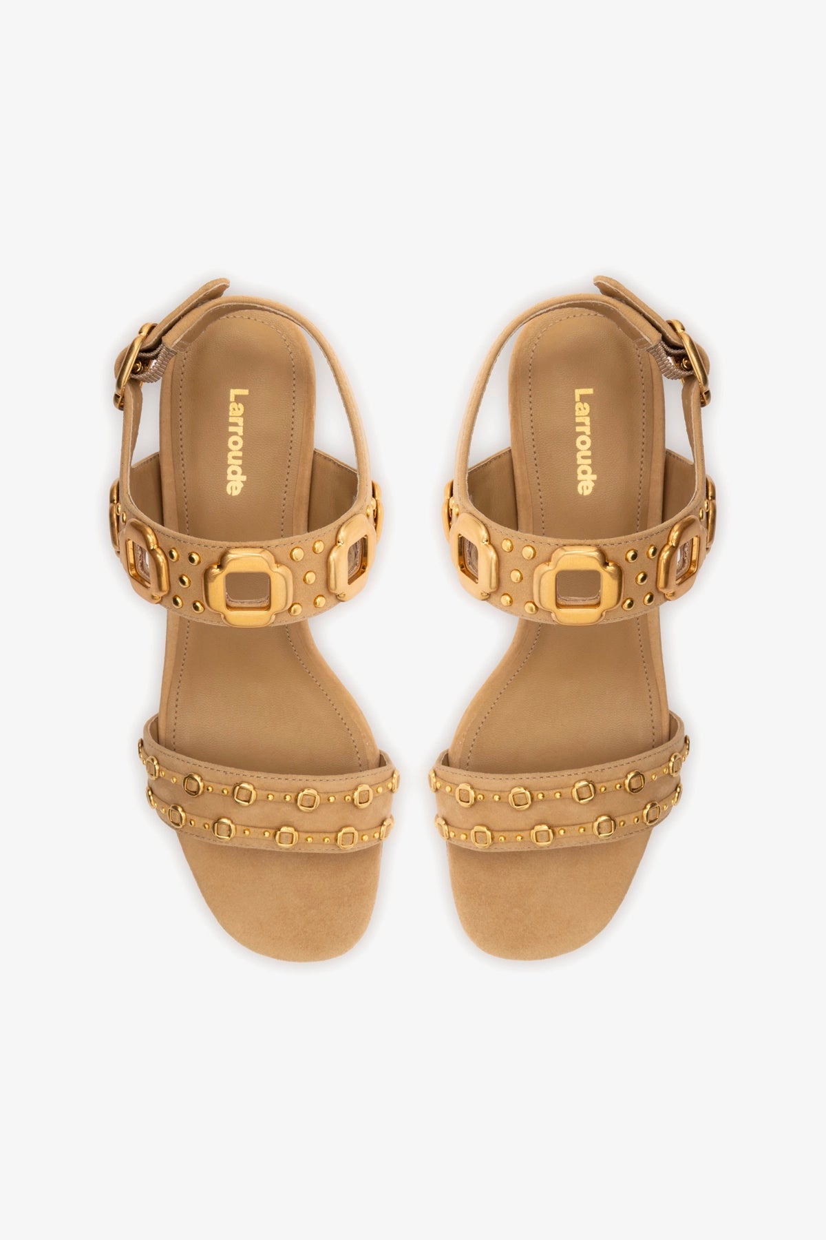 Milan Studs Block Heel Sandals in Peanut Suede - Comfortable Women's Summer Shoes for Beach, Party & Casual Outings