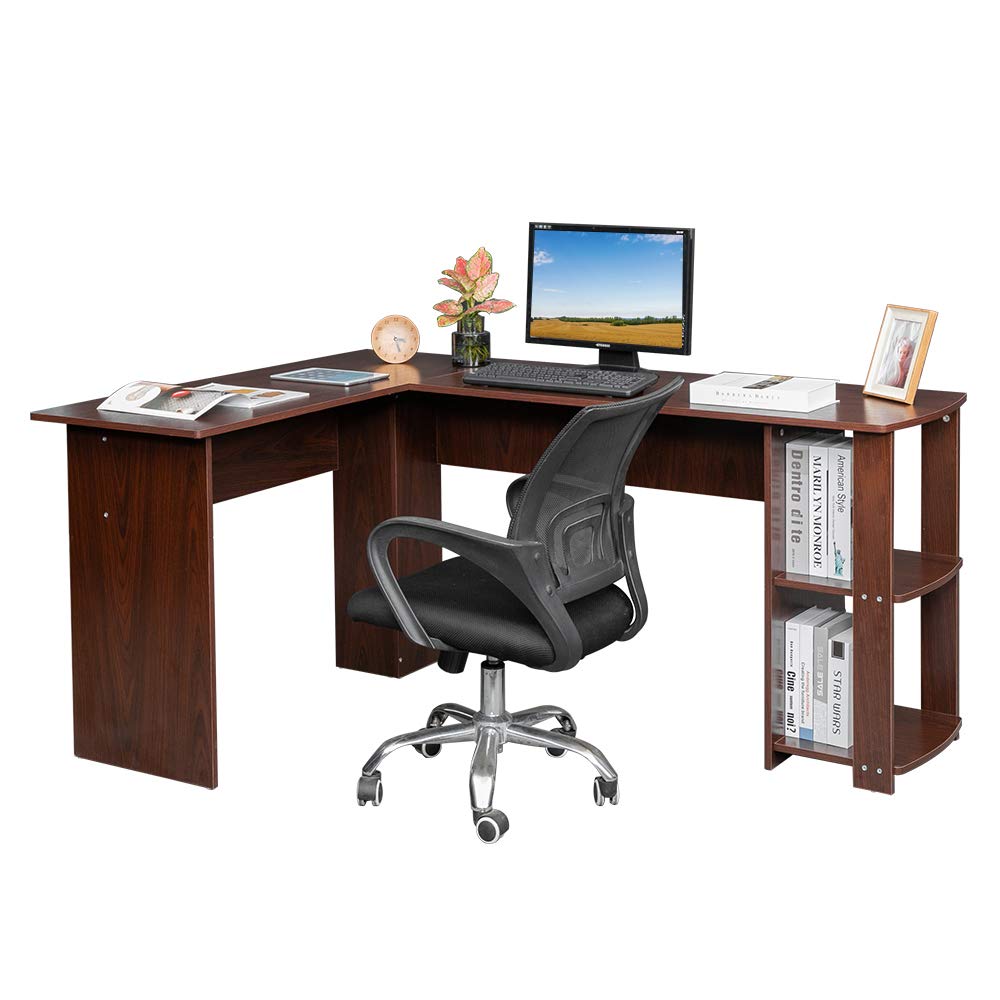 L-Shaped Wooden Corner Desk for Home Office, 52 Inch Computer Workstation with Two-Tier Bookshelves - Perfect for Small Spaces, Gaming & Study Setup