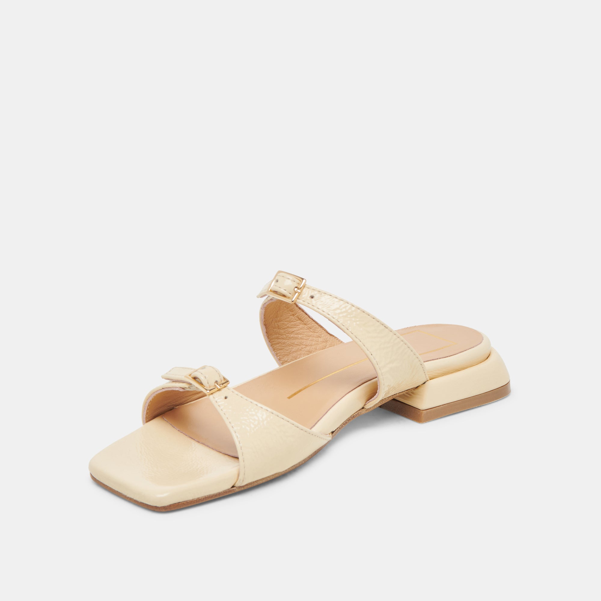 LAVERN Women's Sandals - Light Yellow Crinkle Patent Leather Summer Slide Sandals for Beach, Pool, and Casual Outings