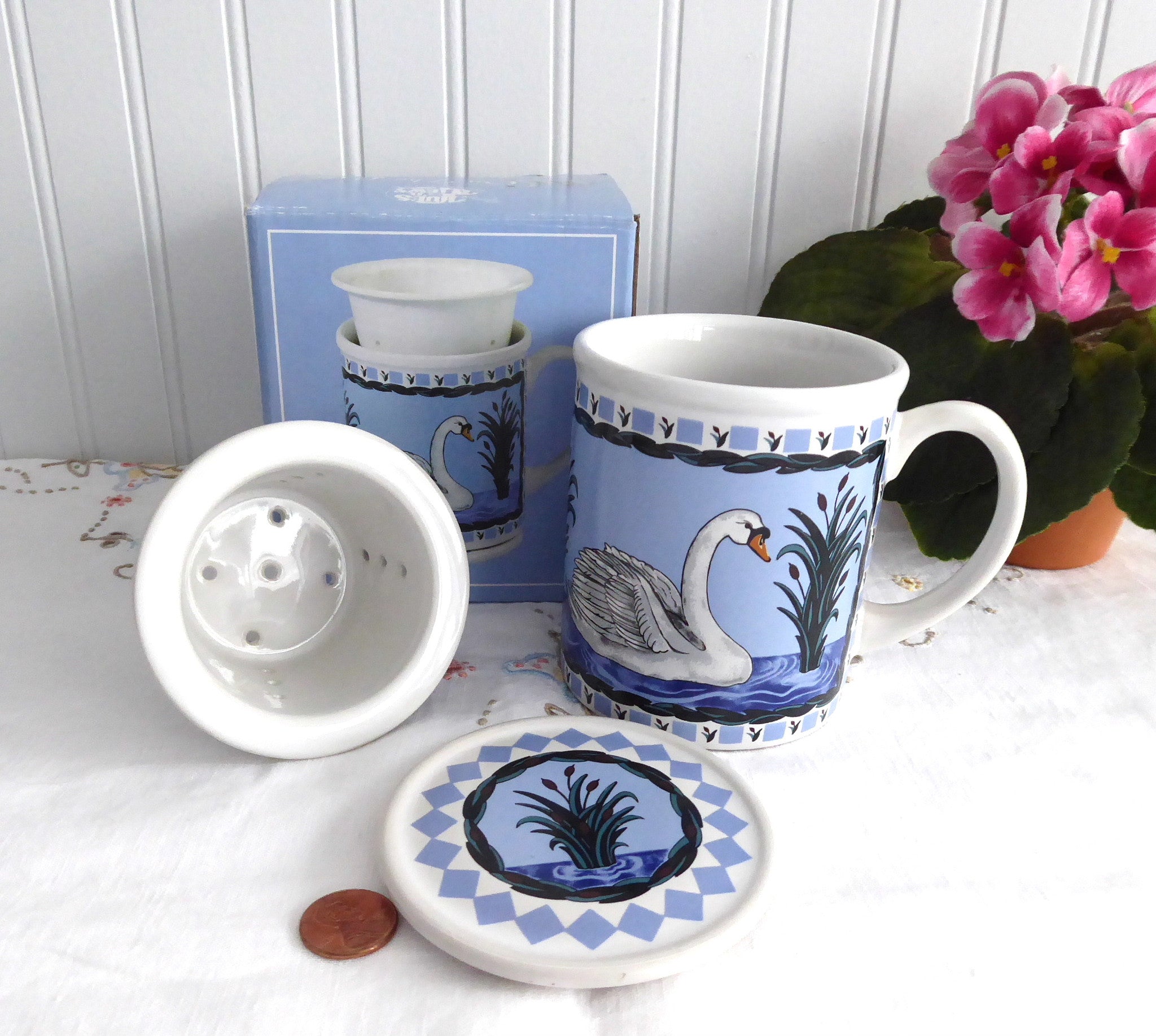Premium Swan Tea Mug with Infuser & Coaster - Elegant Blue and White Ceramic Tea Cup | Perfect for Home, Office, and Gift Giving