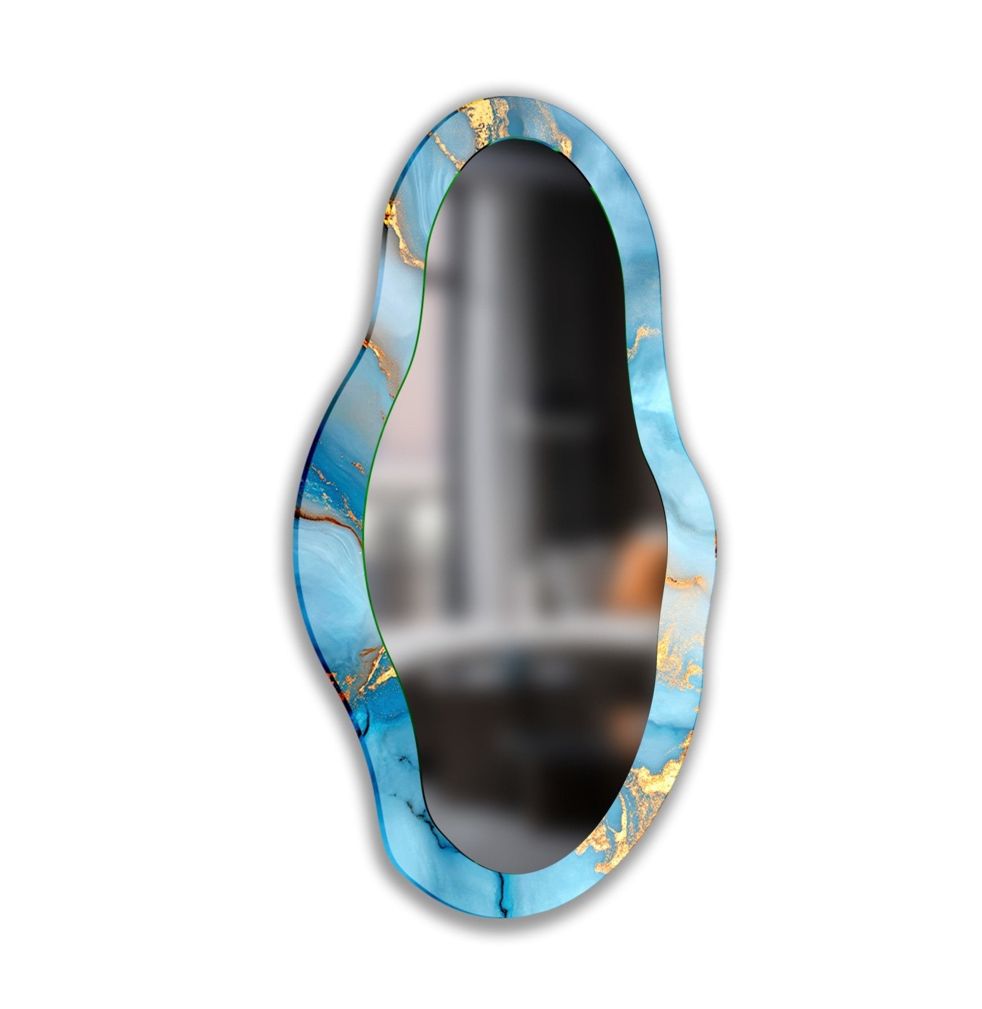 Abstract Blue Asymmetrical Wall Mirror - Modern Decorative Mirror for Living Room, Bedroom, or Entryway - Unique Home Decor Accent Piece