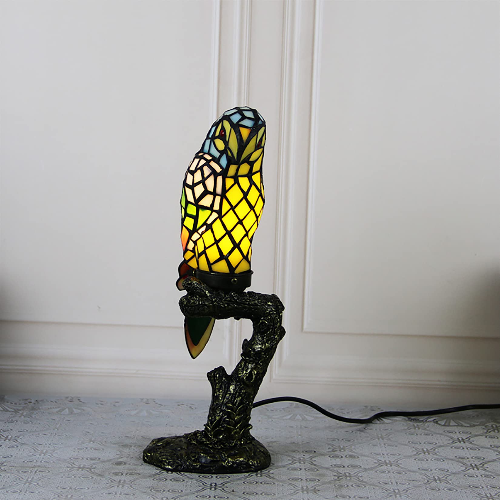 Vintage Tiffany Style Stained Glass Parrot Table Lamp - Bedside Desk Lamp for Office, Study, Living Room, Bedroom & Kids Room - Yellow Decorative Lighting for Home Decor & Gift Giving