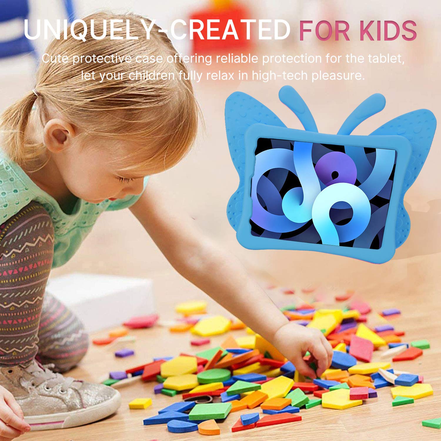 **Shockproof Heavy Duty Rugged Kids Case for iPad Air 4/5/6 (10.9 Inch, 2022/2024) - Lightweight EVA Full Cover with Foldable Stand, Butterfly Design - Perfect for Boys, Girls & Toddlers (Blue) - Ideal for School, Travel & Playtime Protection**