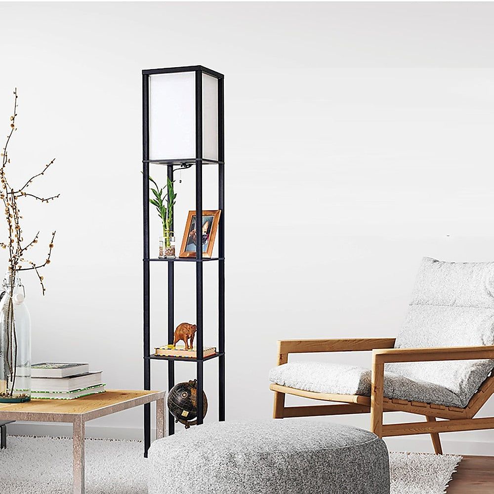 Modern Floor Lamp with Open Shelf & Diffused Shade - Adjustable Reading Light for Living Room, Bedroom & Office - Space-Saving Home Decor with Storage Shelves