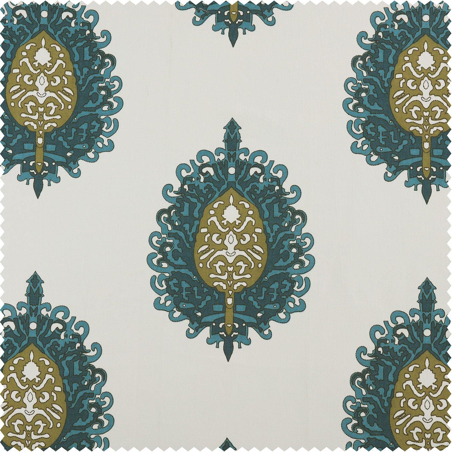 Mayan Teal Emblem Printed Cotton Roman Shade - Handmade Window Treatment for Living Room, Bedroom & Office | Light Filtering & UV Protection