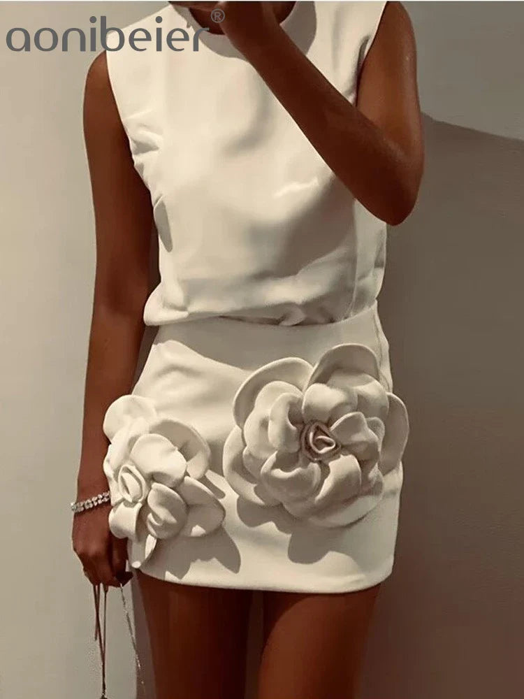 Y2K Mini Skirt Set for Women - Floral Applique Sleeveless Crop Top & Extreme Short Skirt Summer Outfit (White) | Perfect for Music Festivals, Beach Vacations & Streetwear Fashion