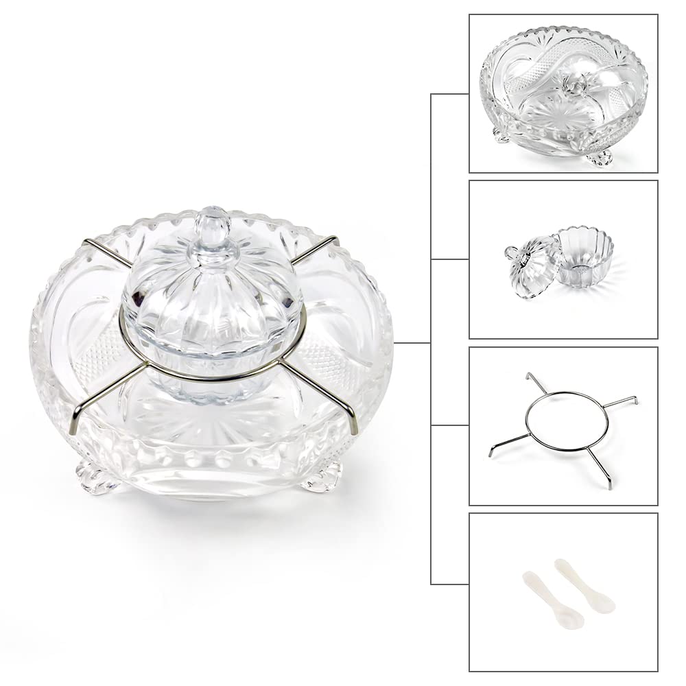Premium Caviar Serving Set - 1 Glass Divided Bowl & 2 Mother of Pearl Spoons - Elegant Appetizer Dish for Seafood, Shrimp, Sushi - Perfect for Dinner Parties, Restaurants & Catering Events