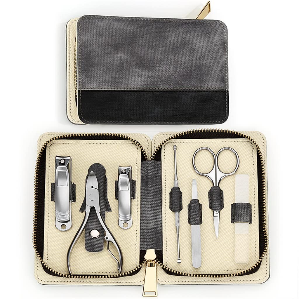 Professional 7-Piece Stainless Steel Manicure Set - Nail Clippers, Grooming Tools & Travel Case for Home, Salon & Travel | Gray Color | Complete Nail Care Kit
