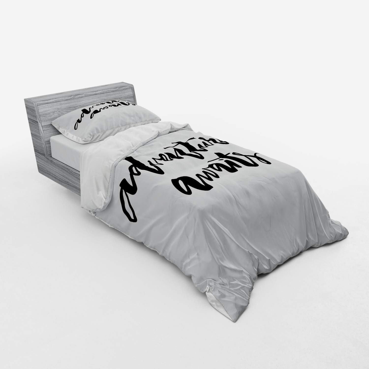 Ambesonne Adventure Bedding Set - Inspirational Travel Themed 3-Piece Duvet Cover with Sham & Fitted Sheet, Twin Size Black & White - Perfect for Wanderlust Bedrooms & Adventure-Themed Decor