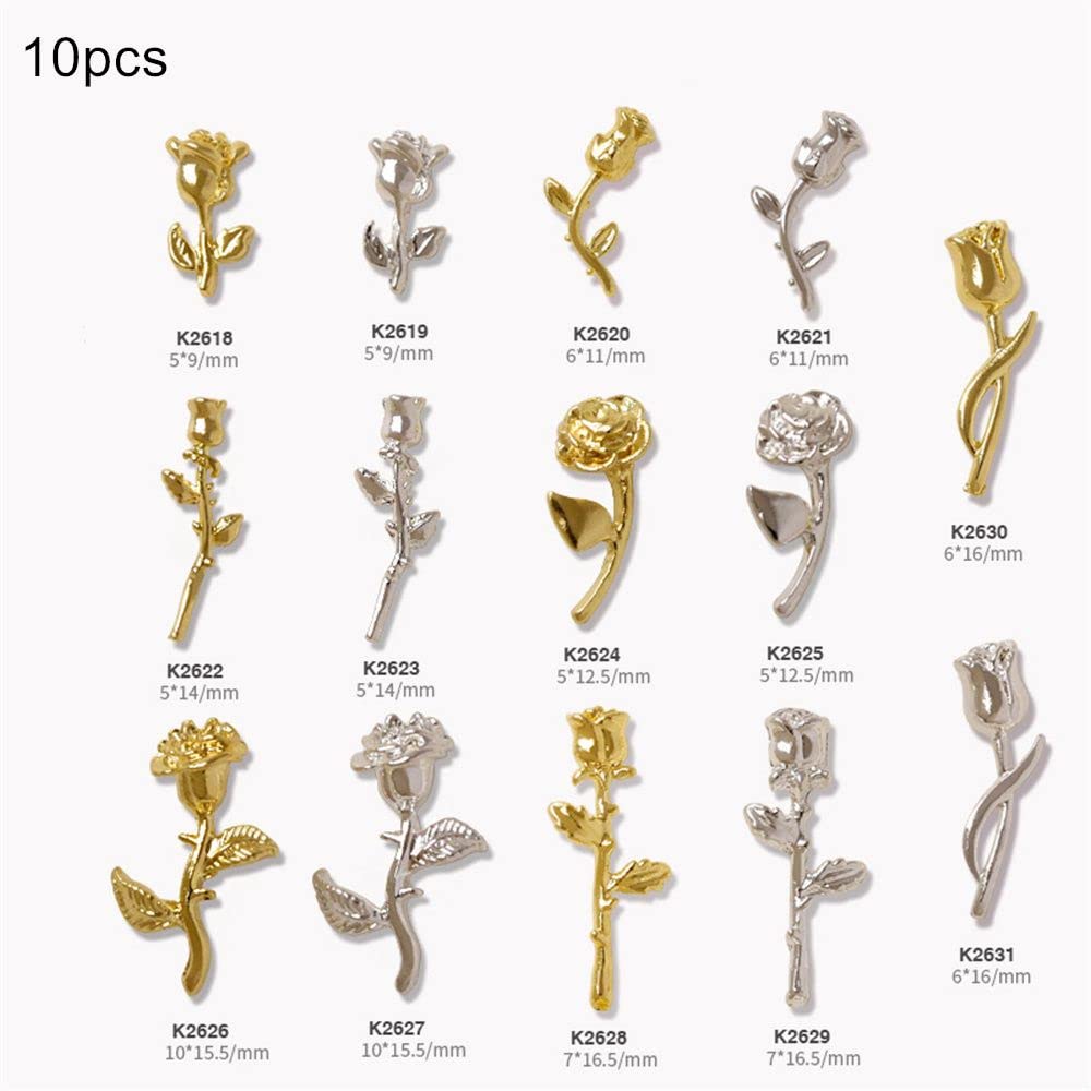 10pcs Luxury Metal Rose Flower Nail Art Decorations - Gold & Silver DIY Nail Jewelry with Rhinestones (K2619) for Bridal, Party, and Special Occasion Nail Designs