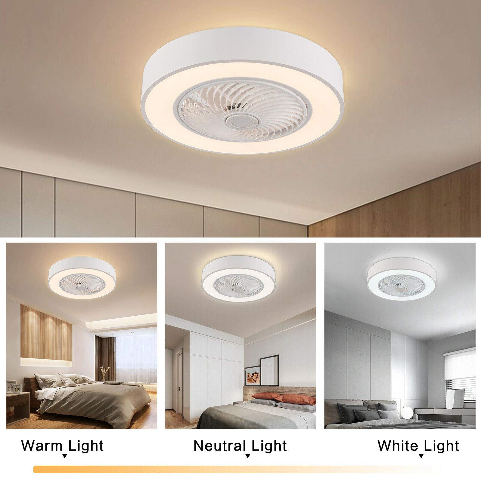 Modern 3-Speed LED Ceiling Fan with Light - Remote Control, 3 Color Options, Metal Shell & Acrylic Lampshade - Semi-Flush Mount Round Design for Bedroom, Living Room, Office - White | Energy Efficient Cooling & Stylish Lighting Solution for Home & Workspaces