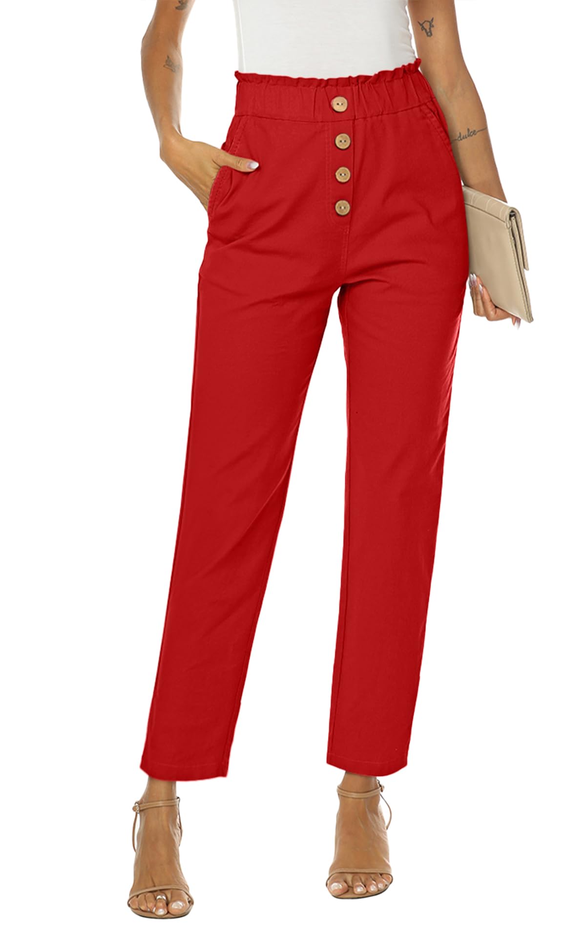 NIMIN Women's High Waisted Casual Pants - Elastic Waist Cropped Work Pants with Pockets | Office Wear, Business Casual & Everyday Outfits