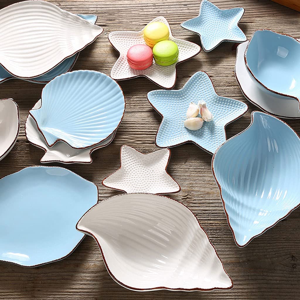 2-Piece Ceramic Salad Bowl Set - Starfish & Shell Shaped Appetizer Plates for Sushi, Desserts, Snacks, Jewelry Display (5.5x5.59in) - Perfect for Beach Themed Parties, Home Decor & Kitchen Serving